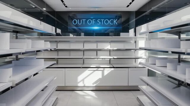 This image depicts an empty product shelf in a modern retail store featuring a prominent &ldquo;Out of Stock&rdquo; sign, highlighting inventory challenges.