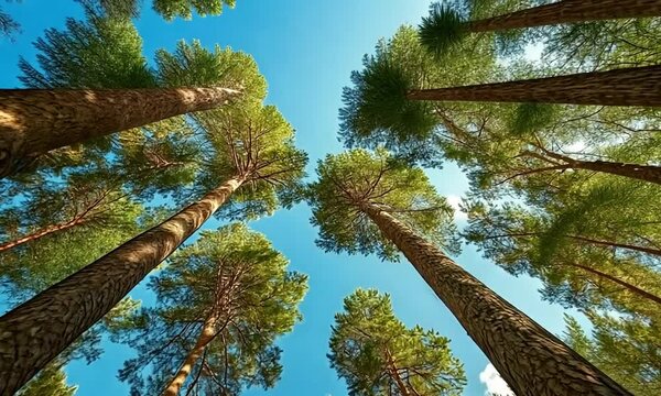 Tall pine trees reaching towards a clear blue sky in a forest