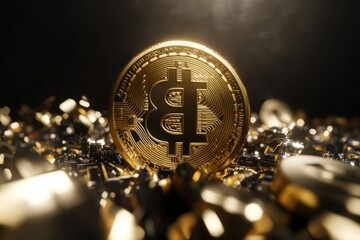 Golden bitcoin surrounded by shiny coins on a dark background