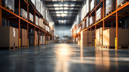 Fototapeta premium Warehouse industry blur background with logistic wholesale storehouse, blurry industrial silo interior aisle for furniture merchandise inventory and wood material, construction supplies big box store