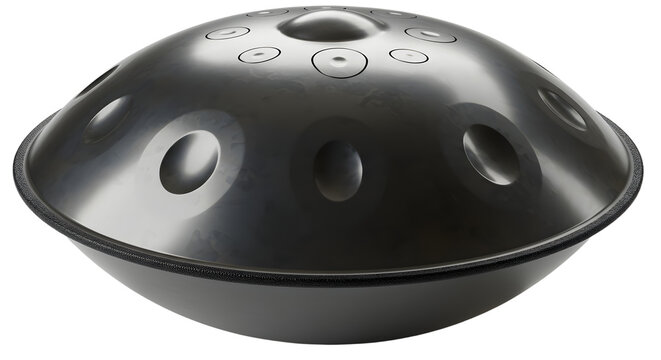 A close-up view of a handpan instrument showcasing its unique design and craftsmanship, set against a blurred background