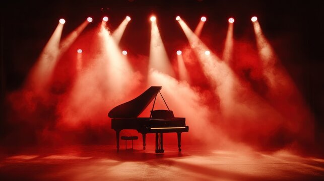 Grand piano on stage with dramatic lighting and fog