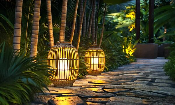 Tranquil garden pathway illuminated by lanterns amid lush greenery