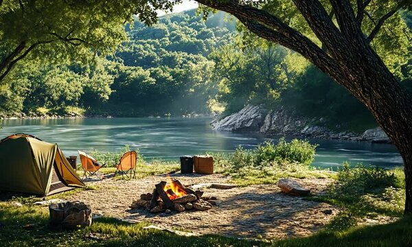 Tranquil lakeside camping scene with a glowing campfire at dusk
