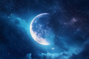 Obraz premium Pixelated Crescent Moon Illuminated Against A Starry Night Sky With Blue Clouds