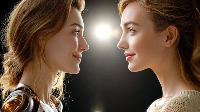 Two women face each other; soft lighting and neutral background