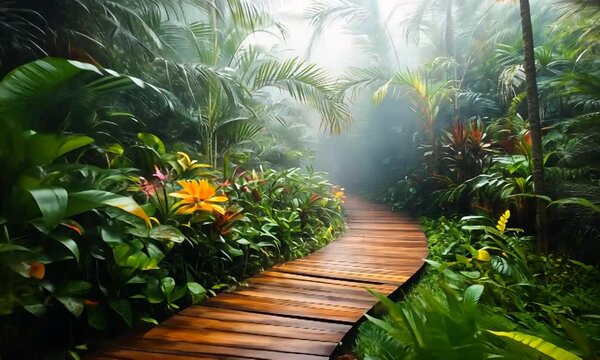 Tranquil wooden pathway winding through a lush tropical rainforest