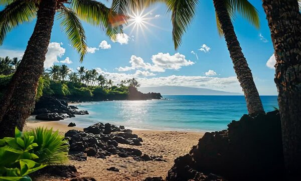 Tropical beach scene with palm trees and vibrant ocean under sunlight