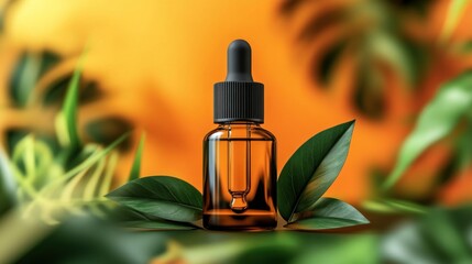 Bottle of amber liquid with a dropper among green leaves