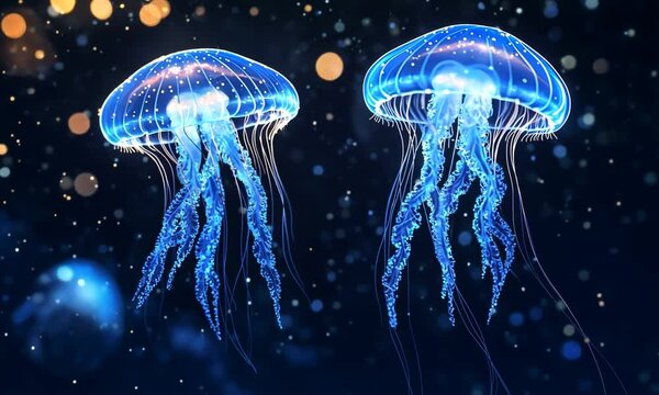Two luminous jellyfish gracefully swimming in a vibrant underwater scene