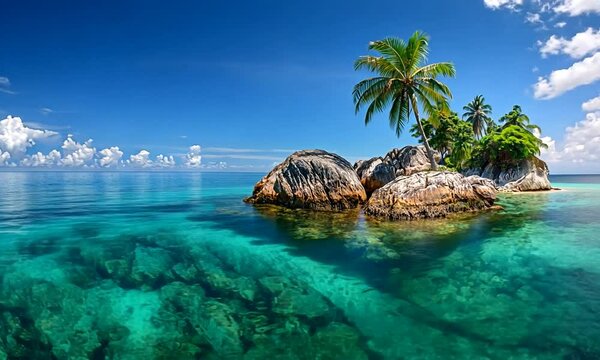 Tropical paradise with clear waters, rocky outcrops, and palm trees