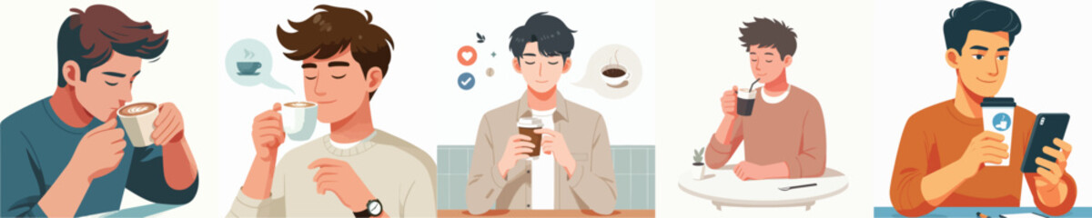 vector collection of young man people drinking coffee