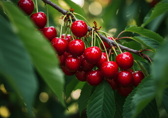 Obraz premium Juicy Red Cherries Ripe on the Branch: A Fresh Summer Harvest