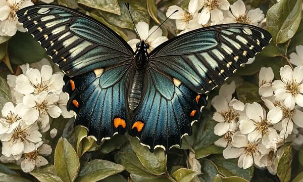Vibrant butterfly perched on blooming flowers amidst lush greenery