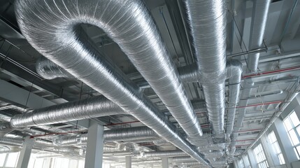 HVAC duct system with silver insulation Pipes hang from ceiling in new construction Ventilation cleaning process