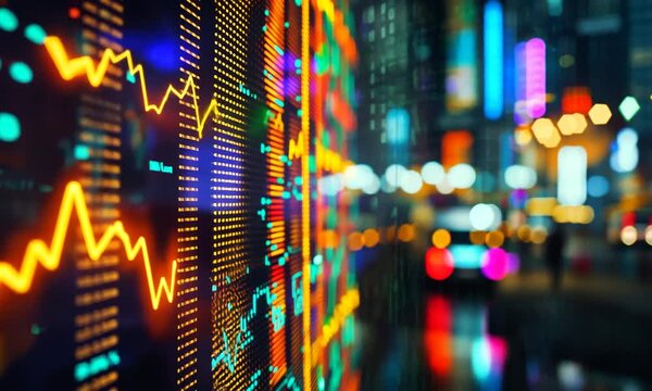 Vibrant cityscape with digital stock market data overlay at night