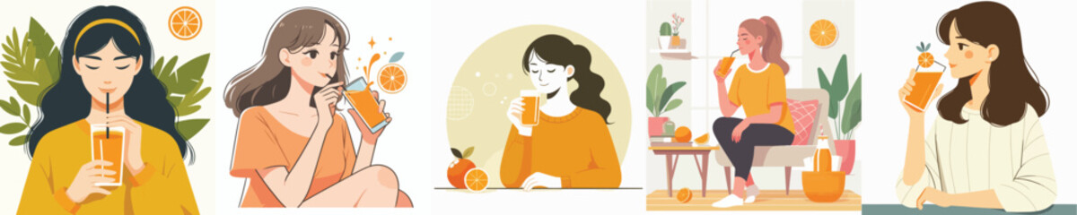vector collection of women drinking orange juice