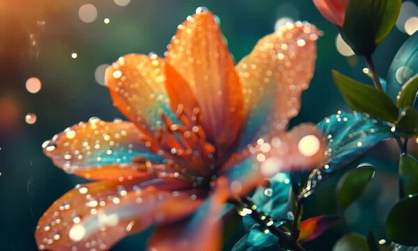 Vibrant flower with raindrops glistening in a colorful garden setting