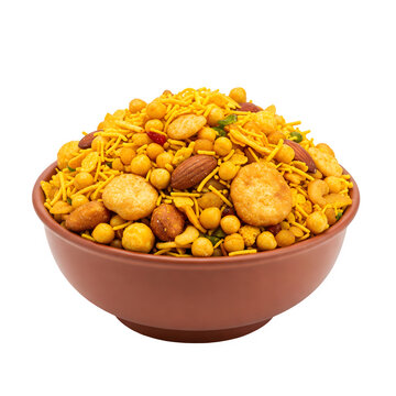 Indian snacks mixture in a bowl isolated on a transparent background 