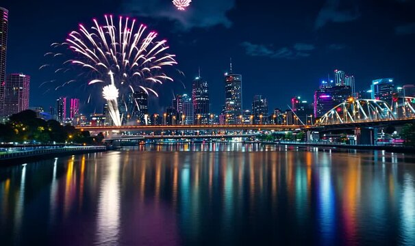 Vibrant fireworks illuminate Brisbane skyline over river at night