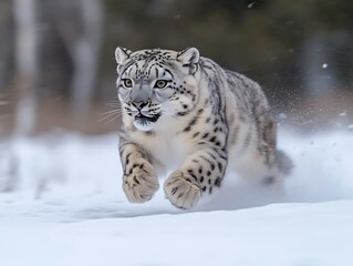 Obraz premium Snow Leopard Running Through Snow in Winter Wildlife Scene