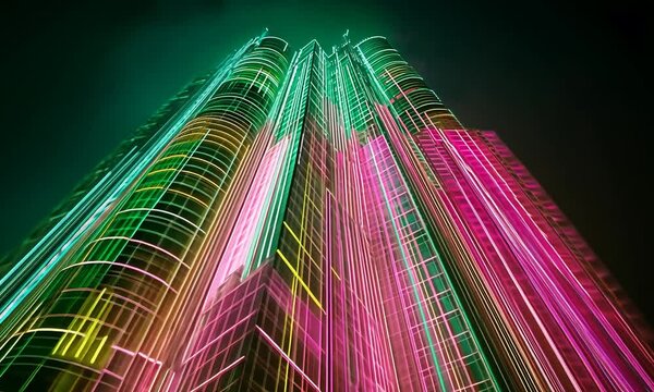 Vibrant illuminated skyscrapers at night with colorful light trails