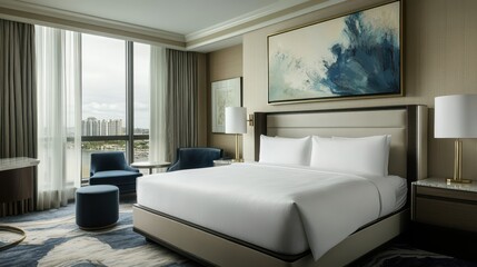 Hotel bedroom suite with waterfront view offers luxury accommodation