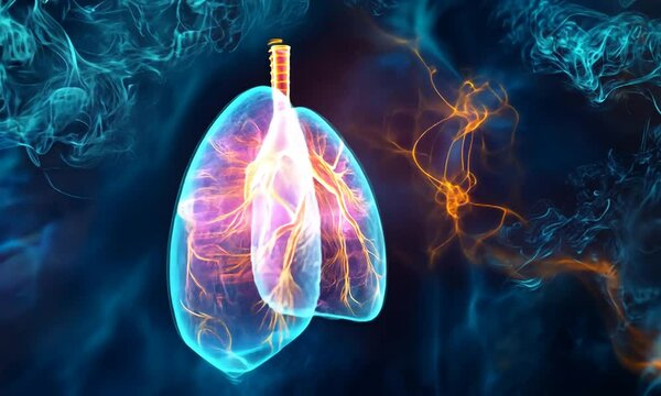 Vibrant illustration of human lungs with glowing veins against a dark background