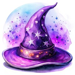 Watercolor Purple Wizard Hat with Stars and Galaxy Design
