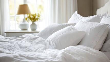 Beautiful white bedding and pillows arranged on a comfortable bed