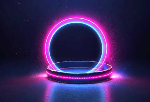 Vibrant neon circle display on a reflective surface with glowing effects