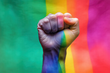 Raised rainbow fist symbolizing support for PRIDE month and the LGBTQIA movement in a vibrant display of solidarity and celebration