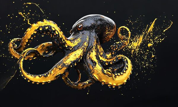 Vibrant octopus with golden splashes on a dark background, showcasing marine beauty