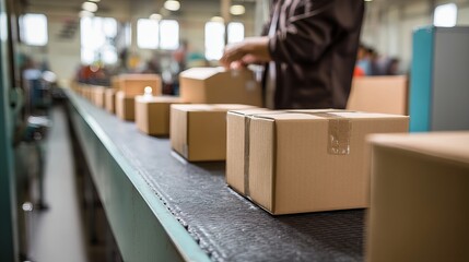 Packed parcels move along production line beside cardboard boxes in logistics warehouse