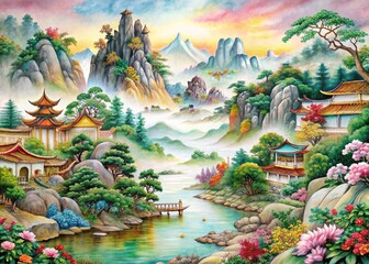 Obraz premium Chinese Scroll Painting AI Art, Traditional Asian Style