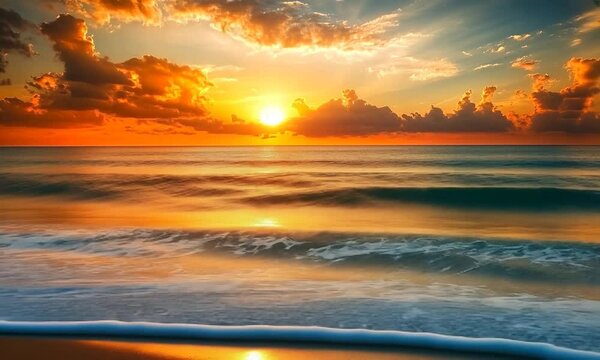 Vibrant sunset over calm ocean waves with colorful clouds reflecting