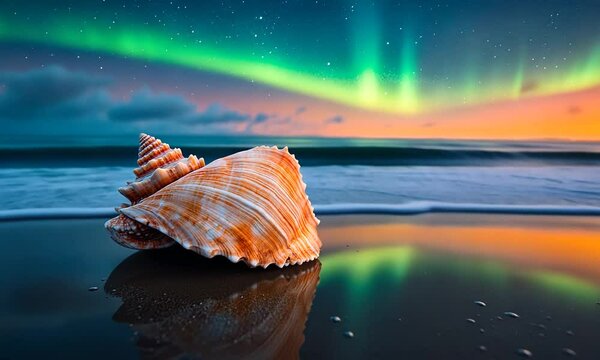 Vibrant sunset with auroras over a calm beach featuring a seashell