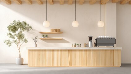 A modern kitchen interior featuring a wooden island, minimalist decor, pendant lights, and a potted plant, creating a warm and inviting atmosphere.