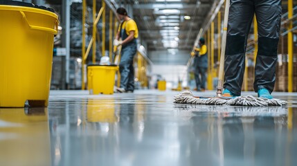 Worker in safety gear mops warehouse floor Industrial janitorial service team on site