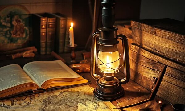 Vintage study scene with a lantern, open book, and world map on table