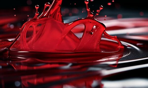 Vivid Red Liquid Splashing in Dark Water with Ripples and Reflections