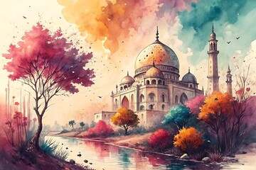watercolor painting of mosque