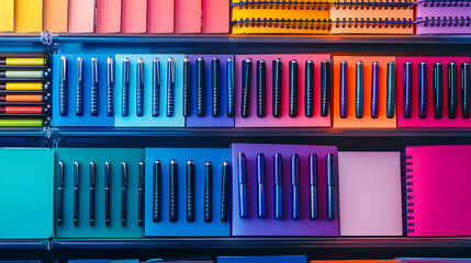 Colorful Pens And Pencils Display On Organized Shelves