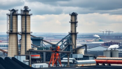 Obraz premium Industrial Plant with Smokestacks under a Cloudy Sky