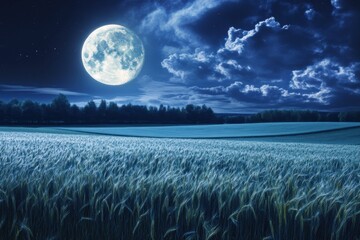 Fototapeta premium Full moon illuminating a serene field under a starry night sky in late summer