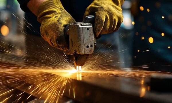 Worker using a cutting tool to shape metal in a workshop with sparks