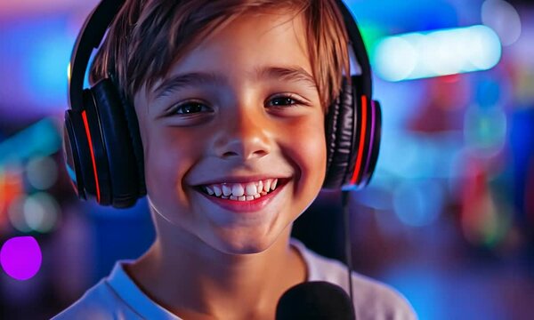 Young boy smiling with headphones and microphone in vibrant gaming room