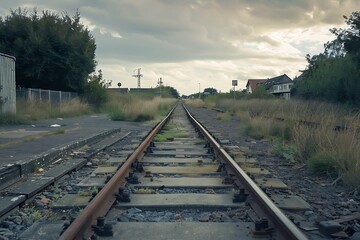 Fototapeta premium Railway Tracks Stretching Into The Distance Under Cloudy Sky With Green Vegetation