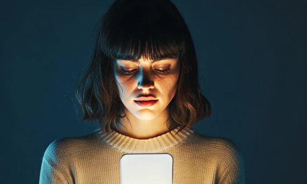 Young woman gazing at a smartphone in a dimly lit room