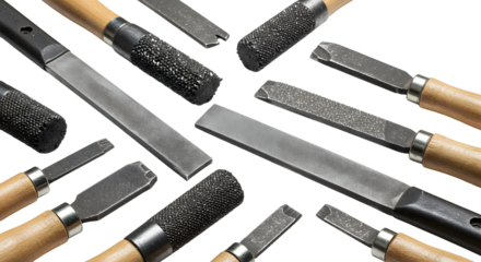 A collection of various metal tools with wooden handles arranged artistically on a white background, ideal for craftsmanship